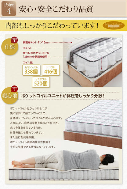 ショート丈分割式 脚付きマットレスベッド 国産ポケット マットレスベッド お買い得ベッドパッド・シーツセット付き シングル ショート丈 脚40cm 送料無料