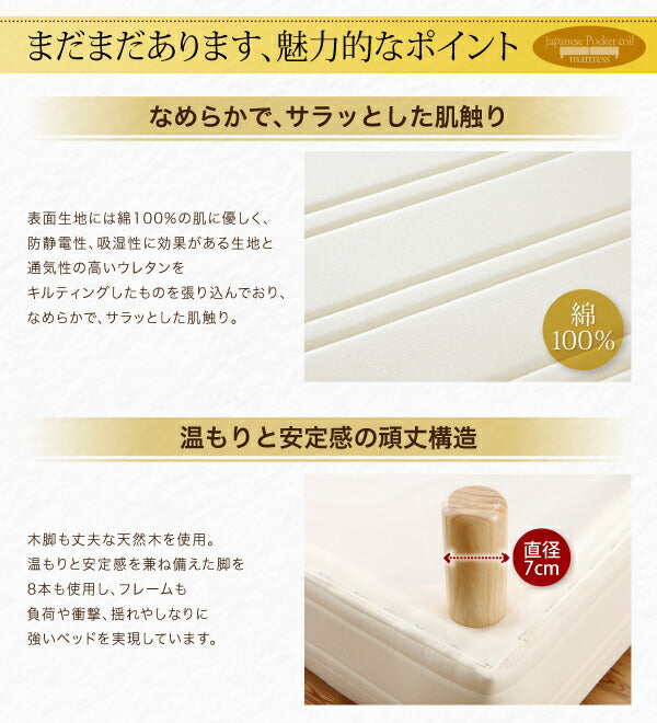 ショート丈分割式 脚付きマットレスベッド 国産ポケット マットレスベッド お買い得ベッドパッド・シーツセット付き シングル ショート丈 脚22cm 送料無料
