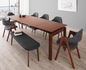 【新商品】組立設置付き 北欧テイスト 天然木ウォールナット材 伸縮ダイニングセット KANA カナ 8点セット(テーブル+チェア6脚+ベンチ1脚) W140-240 送料無料