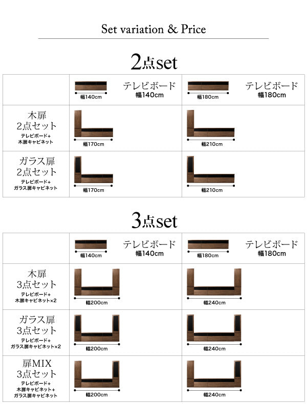 【新商品】キャビネットが選べるテレビボードシリーズ add9 アドナイン 3点セット(テレビボード+キャビネット×2) 木扉＆ガラス扉 幅140 送料無料