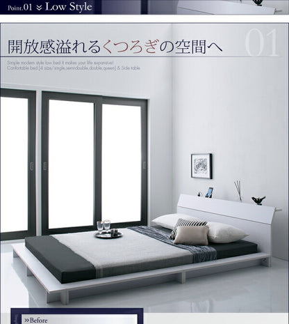 【新商品】組立設置付き 棚・4口コンセント付きデザインフロアローベッド Douce デュース プレミアムボンネルコイルマットレス付き セミダブル 送料無料