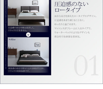 【新商品】組立設置付き 棚・4口コンセント付きデザインフロアローベッド Douce デュース プレミアムボンネルコイルマットレス付き シングル 送料無料
