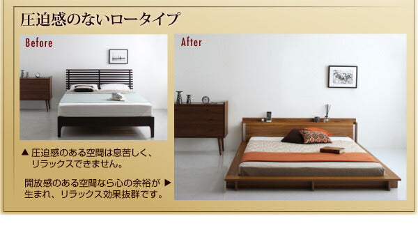 【新商品】組立設置付き モダンライト・棚・コンセント付きデザインフロアローベッド Makati マカティ プレミアムポケットコイルマットレス付き ダブル 送料無料