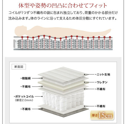 【新商品】組立設置付き モダンライト・棚・コンセント付きデザインフロアローベッド Makati マカティ スタンダードポケットコイルマットレス付き シングル 送料無料