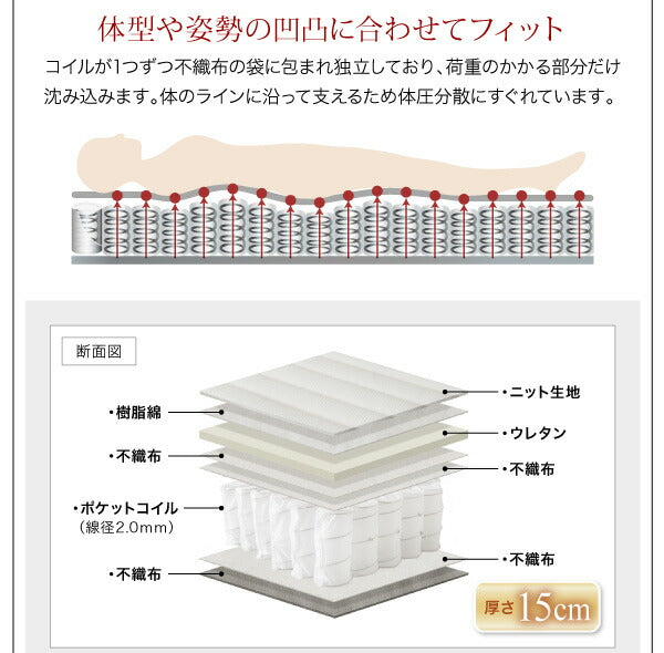 【新商品】組立設置付き モダンライト・棚・コンセント付きデザインフロアローベッド Makati マカティ スタンダードポケットコイルマットレス付き ダブル 送料無料