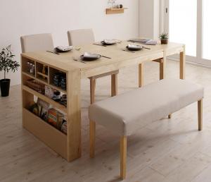 【新商品】組立設置付き 無段階に広がる スライド伸縮テーブル ダイニングセット Magie+ マージィプラス 4点セット(テーブル+チェア2脚+ベンチ1脚) シェルフタイプ W120-200 送料無料