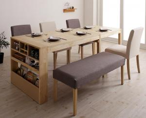 【新商品】組立設置付き 無段階に広がる スライド伸縮テーブル ダイニングセット Magie+ マージィプラス 6点セット(テーブル+チェア4脚+ベンチ1脚) シェルフタイプ W120-200 送料無料