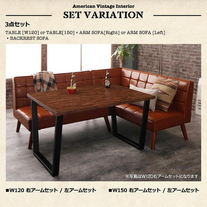 【新商品】組立設置付き 古木風 ヴィンテージ アメリカンスタイル リビングダイニング 99 ダブルナイン 4点セット(テーブル+ソファ1脚+アームソファ1脚+ベンチ1脚) 右アーム W120 送料無料