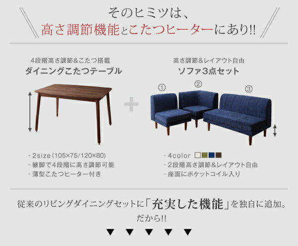 【新商品】年中快適 こたつもソファも高さ調節 リビングダイニングセット Repol ルポール 5点セット(テーブル+2Pソファ1脚+1Pソファ1脚+コーナーソファ１脚＋ベンチ1脚) W120 送料無料