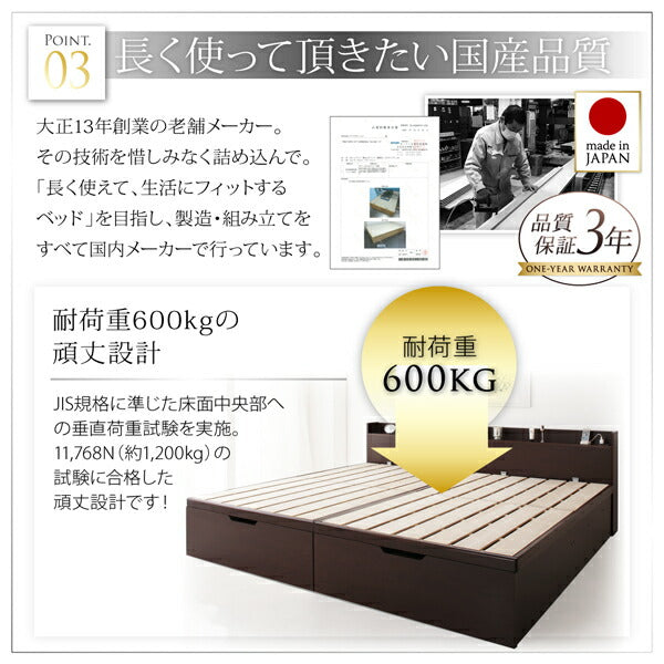 組立設置付 1台で3役使える 国産頑丈すのこ跳ね上げ式大容量収納ベッド Long force ロングフォルス シングル 深さラージ 送料無料