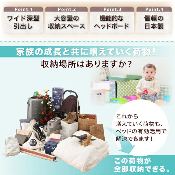 【新商品】組立設置付 国産 ワイド深型引き出しチェストベッド 棚・コンセント付 Lage ラージュ 薄型スタンダードボンネルコイルマットレス付き ダブル 送料無料
