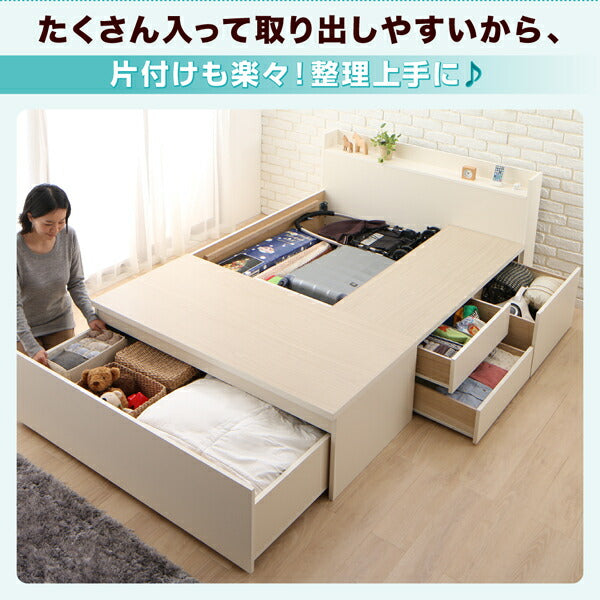 【新商品】お客様組立 国産 ワイド深型引き出しチェストベッド 棚・コンセント付 Lage ラージュ 薄型プレミアムポケットコイルマットレス付き ダブル 送料無料
