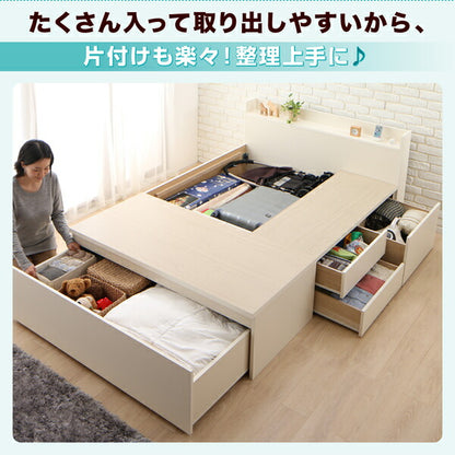 【新商品】お客様組立 国産 ワイド深型引き出しチェストベッド 棚・コンセント付 Lage ラージュ 薄型プレミアムポケットコイルマットレス付き ダブル 送料無料