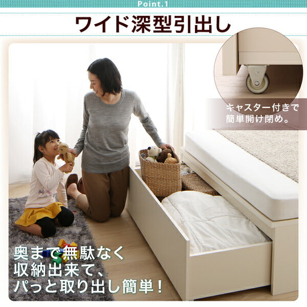 組立設置付 国産 ワイド深型引き出しチェストベッド 棚・コンセント付 Lage ラージュ 薄型プレミアムポケットコイルマットレス付き シングル 送料無料