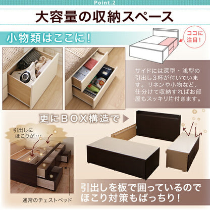 【新商品】お客様組立 国産 ワイド深型引き出しチェストベッド 棚・コンセント付 Lage ラージュ マルチラススーパースプリングマットレス付き セミダブル 送料無料