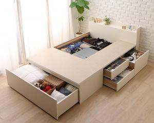 【新商品】お客様組立 国産 ワイド深型引き出しチェストベッド 棚・コンセント付 Lage ラージュ ベッドフレームのみ ダブル 送料無料