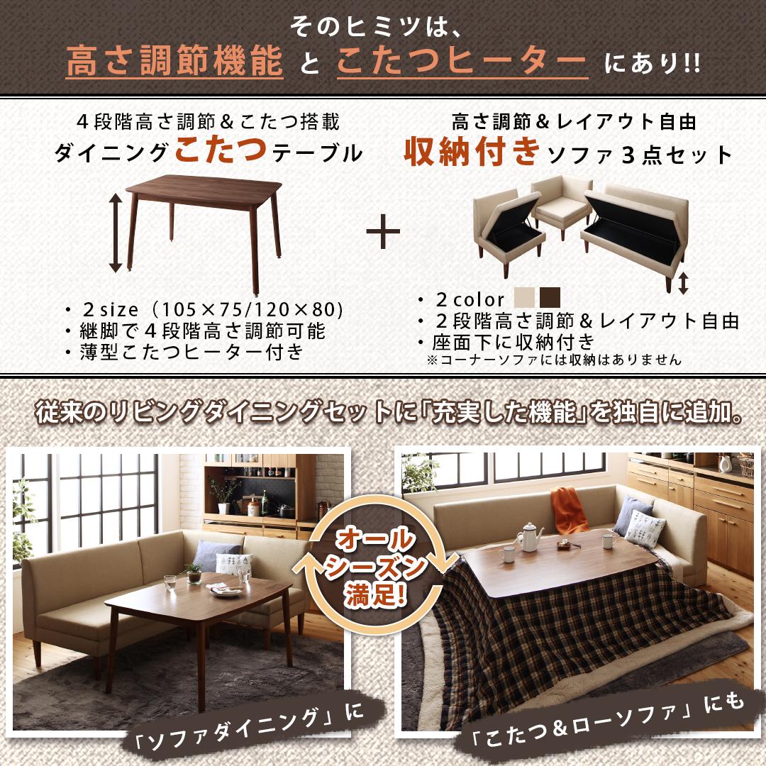 【新商品】こたつもソファも高さ調節できる 収納付きリビングダイニングセット Sheld シェルド 4点セット(テーブル+2Pソファ1脚+1Pソファ1脚+コーナーソファ1脚) W120 送料無料