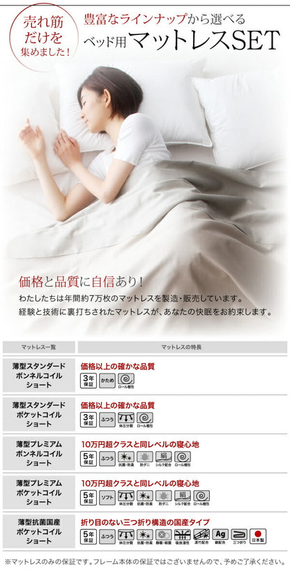 組立設置 小さな部屋に合うショート丈収納ベッド Odette オデット 薄型プレミアムボンネルコイルマットレス付き シングル ショート丈 深さグランド 送料無料