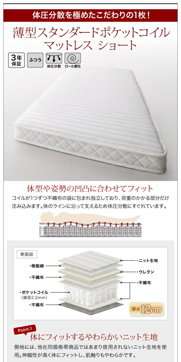 組立設置 小さな部屋に合うショート丈収納ベッド Odette オデット 薄型抗菌国産ポケットコイルマットレス付き シングル ショート丈 深さグランド 送料無料