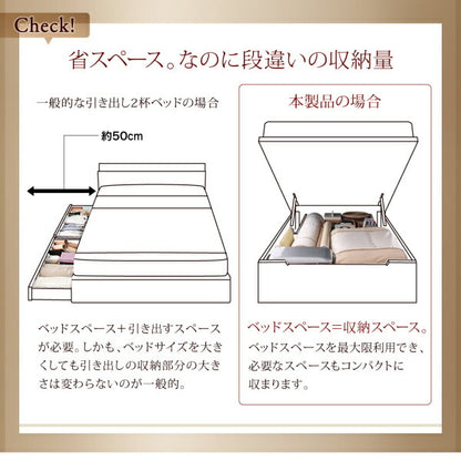 組立設置付 国産跳ね上げ収納ベッド Clory クローリー 薄型抗菌国産ポケットコイルマットレス付き 横開き セミダブル 深さグランド 送料無料