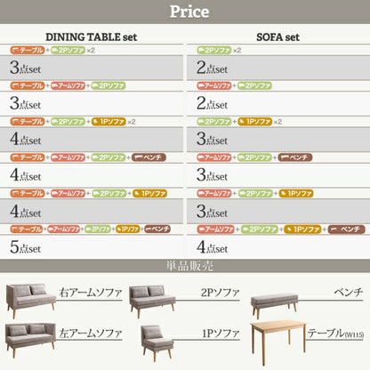【新商品】組立設置付き 北欧デザインソファ リビングダイニングセット SLIVE スライブ 4点セット(テーブル＋2Pソファ1脚+アームソファ1脚＋1Pソファ1脚) 右アーム W115 送料無料