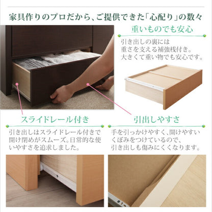 組立設置付 コンセント付き国産コンパクトチェスト収納ベッド Flumen フルーメン 薄型スタンダードポケットコイルマットレス付き セミシングル ショート丈 送料無料