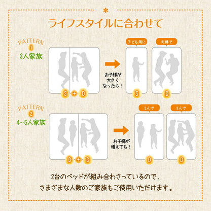 【新商品】親子で寝られる収納棚・照明付き連結ベッド JointFamily ジョイント・ファミリー 天然ラテックス入り国産ポケットコイルマットレス付き クイーン(SS×2) 送料無料