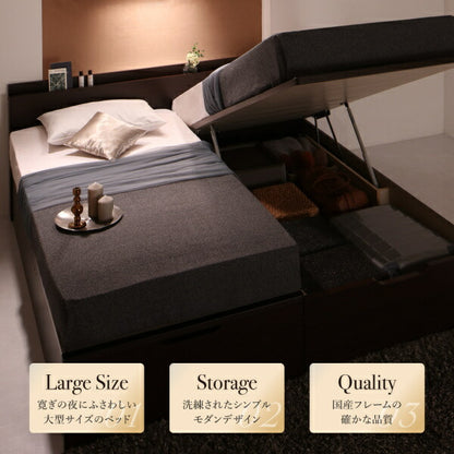 【新商品】お客様組立 棚・コンセント付国産大型サイズ跳ね上げ収納ベッド Landelutz ランデルッツ マルチラススーパースプリングマットレス付き 縦開き キング(SS+S) 送料無料