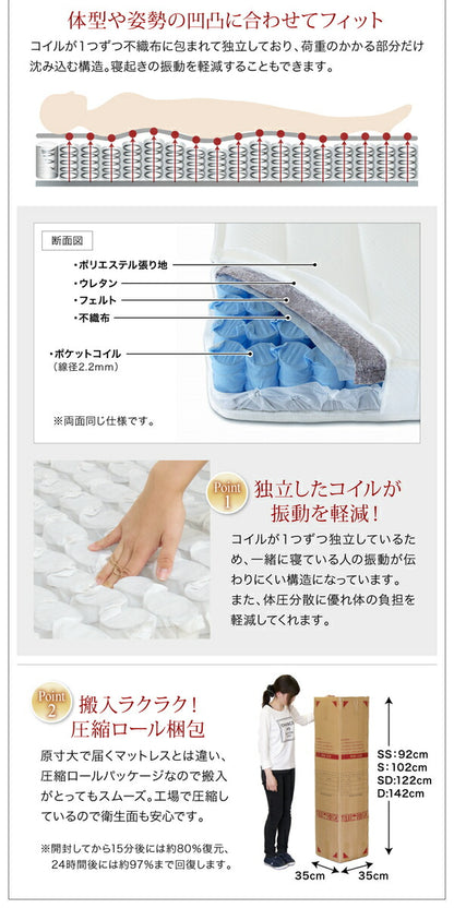 【新商品】国産　コンセント・照明付　カップルにうれしいフロアベッド   天然ラテックス入り国産ポケットコイルマットレス付き ダブル 送料無料