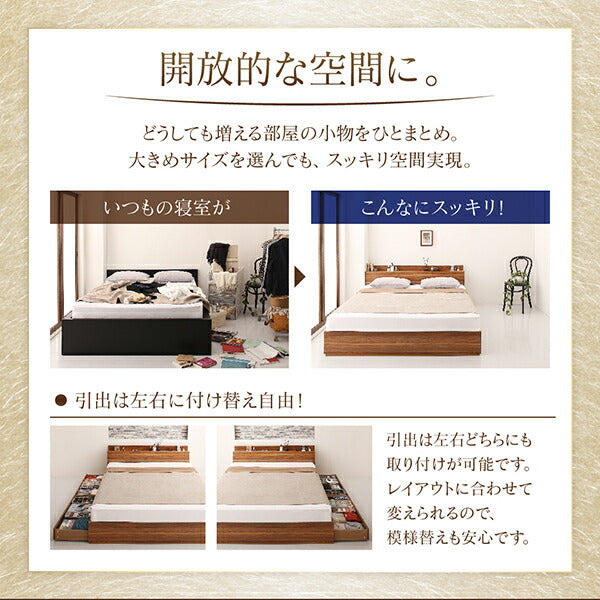 【新商品】組立設置付き 棚・コンセント付収納ベッド Irvine アーヴァイン スタンダードポケットコイルマットレス付き クイーン 送料無料