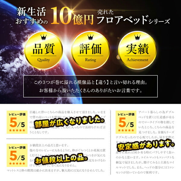 新生活おすすめの10億円売れたフロアベッドシリーズ スタンダードボンネルコイルマットレス付き 棚・コンセント付 シングル 送料無料