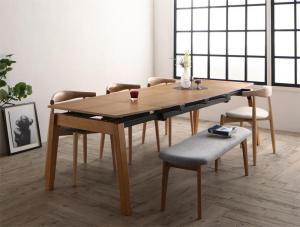 オーク材・ウォールナット材　北欧伸縮式ダイニング Jole ジョール 6点セット(テーブル+チェア4脚＋ベンチ1脚) W140-240 送料無料