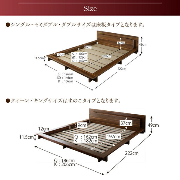 モダンライト・コンセント付き大型ローベッド プレミアムポケットコイルマットレス付き クイーン 送料無料