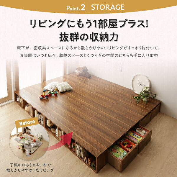 組立設置付 シェルフ棚・引出収納付きベッドとしても使えるフローリング調デザイン小上がり ひだまり ワイドK240(SD×2) 送料無料