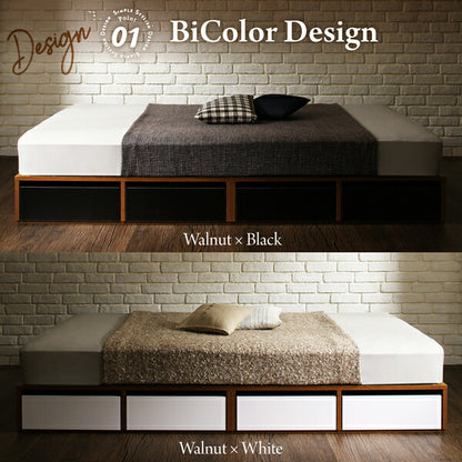 【新商品】組立設置付き 布団で寝られる　おしゃれなヴィンテージ・モダン風　引き出し収納バイカラーベッド 国産カバーポケットコイルマットレス付き 引き出し4杯 シングル 送料無料