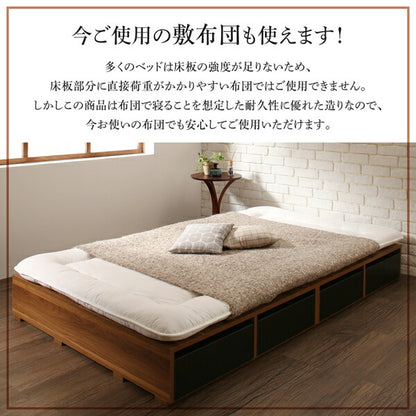 【新商品】布団で寝られる　おしゃれなヴィンテージ・モダン風　引き出し収納バイカラーベッド 国産カバーポケットコイルマットレス付き 引き出し4杯 セミダブル 送料無料