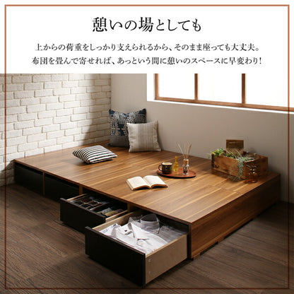 【新商品】布団で寝られる　おしゃれなヴィンテージ・モダン風　引き出し収納バイカラーベッド 国産カバーポケットコイルマットレス付き 引き出し4杯 セミダブル 送料無料
