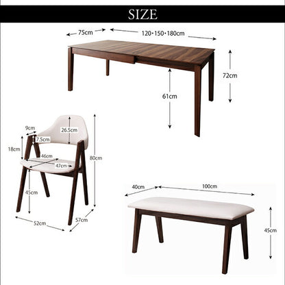 【新商品】組立設置付き 天然木ウォールナット材モダンデザイン伸縮式ダイニングセット Monoce モノーチェ 6点セット(テーブル+チェア4脚+ベンチ1脚) W120-180 送料無料