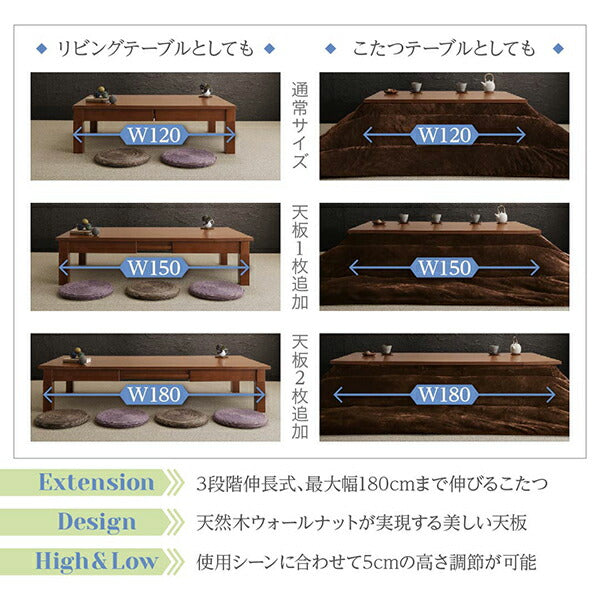 【新商品】天然木ウォールナット材3段階伸長式こたつテーブル Widen-Wal ワイデンウォール こたつテーブル単品 長方形(80×120～180cm) 送料無料