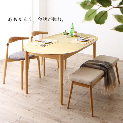 【新商品】組立設置付き 天然木アッシュ材 伸縮式オーバルダイニング Rangle ラングル 6点セット(テーブル+チェア4脚+ベンチ1脚) W160-210 送料無料