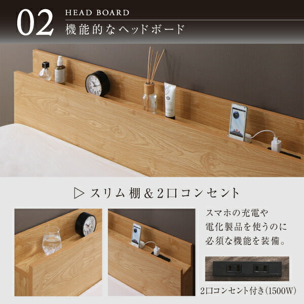 【新商品】棚・コンセント付きデザインすのこベッド Alcester オルスター 国産カバーポケットコイルマットレス付き セミダブル 送料無料