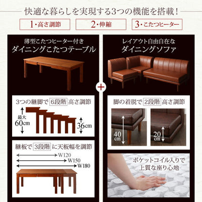 【新商品】組立設置付き 6段階高さ調節 伸縮式こたつ 大型ソファダイニング STEWAR ステュアー ダイニングこたつテーブル W120-180 送料無料