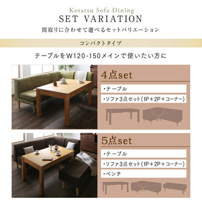 高さ調節可能 3段階伸長式 大型こたつソファダイニング Escher エッシャー 5点セット(テーブル+2Pソファ2脚+1Pソファ1脚+コーナーソファ1脚) W120-180 送料無料