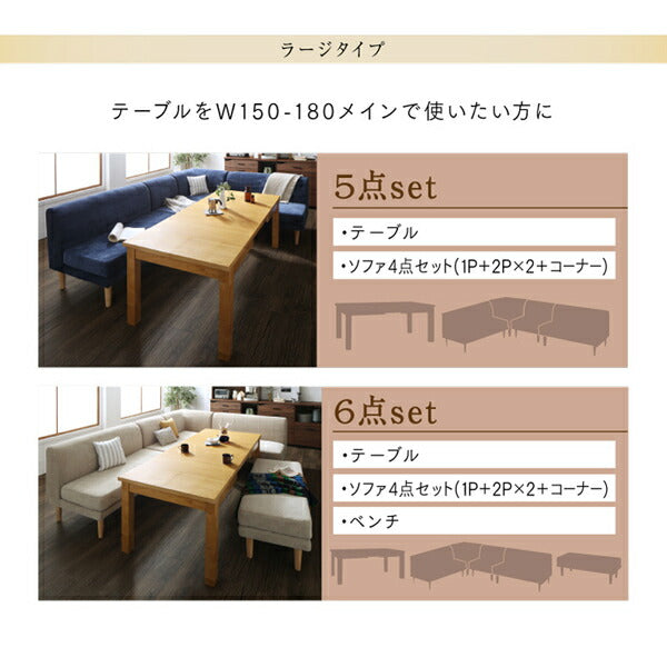 高さ調節可能 3段階伸長式 大型こたつソファダイニング Escher エッシャー 5点セット(テーブル+2Pソファ2脚+1Pソファ1脚+コーナーソファ1脚) W120-180 送料無料