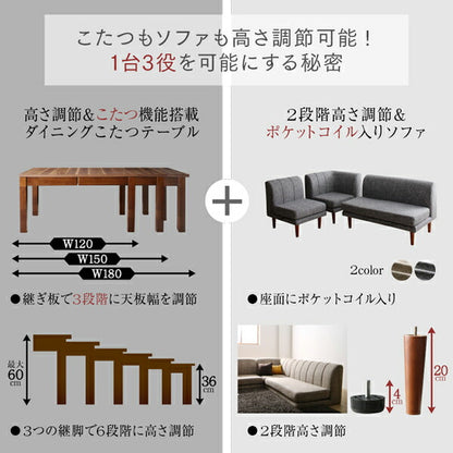【新商品】組立設置付き 高さ調節可能 3段階伸長式 大型こたつソファダイニング Anouk アヌーク ダイニングこたつテーブル W120-180 送料無料