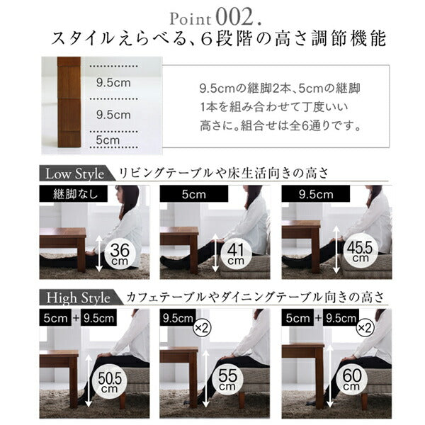 高さ調節可能 3段階伸長式 大型こたつソファダイニング Anouk アヌーク 4点セット(テーブル+2Pソファ1脚+1Pソファ1脚+コーナーソファ1脚) W120-180 送料無料