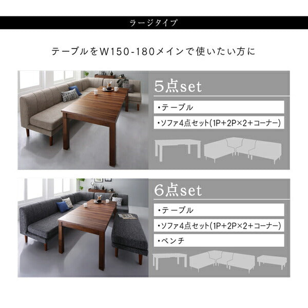 高さ調節可能 3段階伸長式 大型こたつソファダイニング Anouk アヌーク 4点セット(テーブル+2Pソファ1脚+1Pソファ1脚+コーナーソファ1脚) W120-180 送料無料