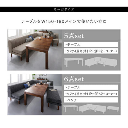 高さ調節可能 3段階伸長式 大型こたつソファダイニング Anouk アヌーク 4点セット(テーブル+2Pソファ1脚+1Pソファ1脚+コーナーソファ1脚) W120-180 送料無料