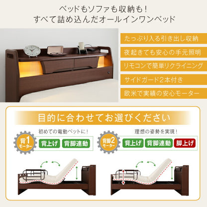 【新商品】お客様組立 棚・照明・コンセント・引出し収納付き電動ベッド ラクストレージ ウレタンマットレス付き 1モーター シングル 送料無料