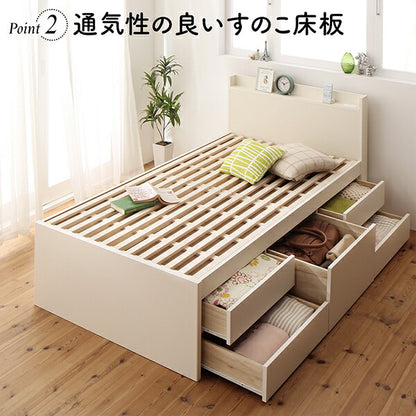 組立設置付 日本製 大容量コンパクトすのこチェスト収納ベッド Shocoto ショコット 薄型プレミアムポケットコイルマットレス付き ヘッド付き セミシングル
